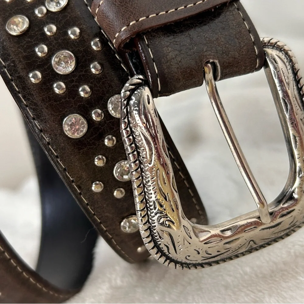 Western‎ Brown Leather Belt with Studs & Rhinestones 38